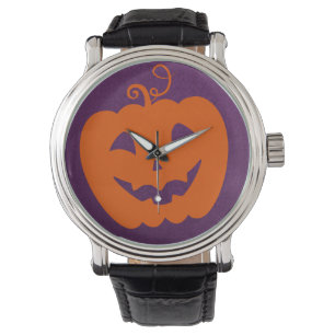 Halloween Oranje pompoen op Paarse achtergrond Horloge