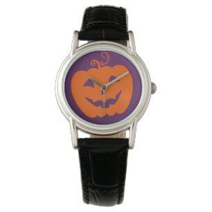 Halloween Oranje pompoen op Paarse achtergrond Horloge
