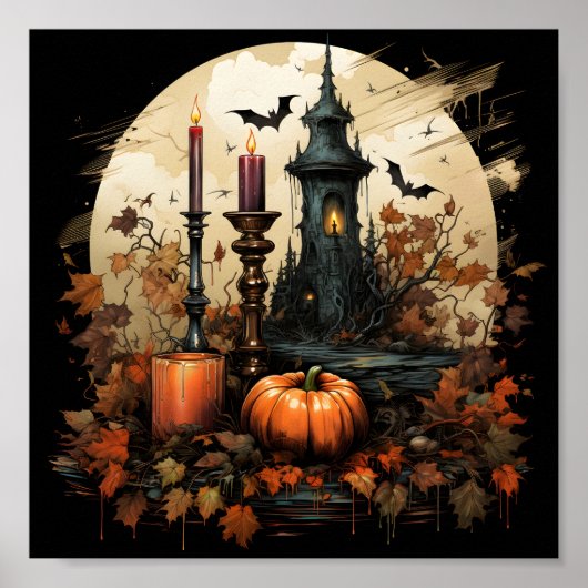 Halloween Oranje pompoen, vleermuizen, kaars en bl Poster (Voorkant)