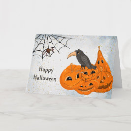 Halloween Oranje Pompoenen Kraai Spinnenweb Kaart