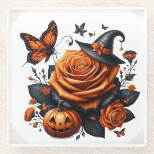 Halloween Oranje Roos Heksenhoed Pompoen  Glazen Onderzetter