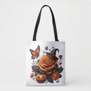 Halloween Oranje Roos Heksenhoed Pompoen Tote Bag