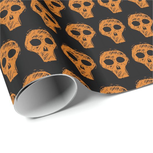 Halloween Oranje Skull Pattern Black Cadeaupapier (Rol Hoek)