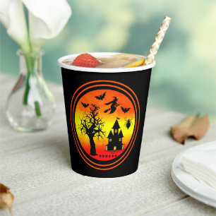 Halloween Oranje Sunset Witch Haunted House Papieren Bekers