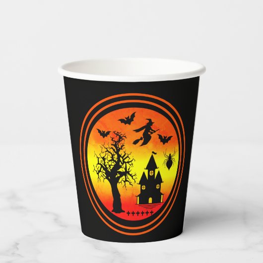 Halloween Oranje Sunset Witch Haunted House Papieren Bekers (Achterkant)