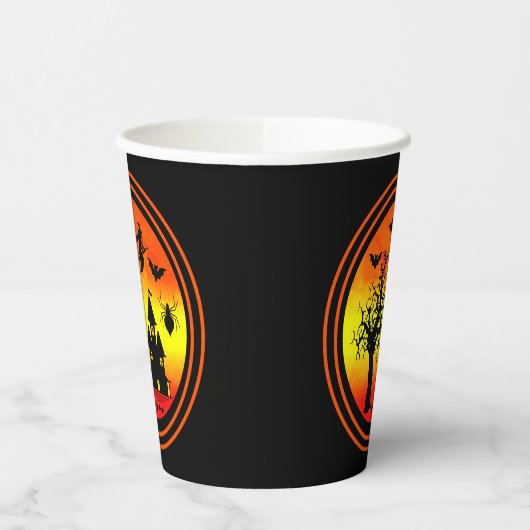 Halloween Oranje Sunset Witch Haunted House Papieren Bekers (Links)