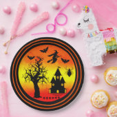Halloween Oranje Sunset Witch Haunted House Party Papieren Bordje (Feest)