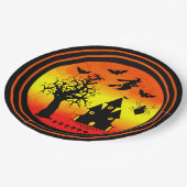 Halloween Oranje Sunset Witch Haunted House Party Papieren Bordje (Gekanteld)