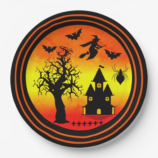 Halloween Oranje Sunset Witch Haunted House Party Papieren Bordje (Voorkant)
