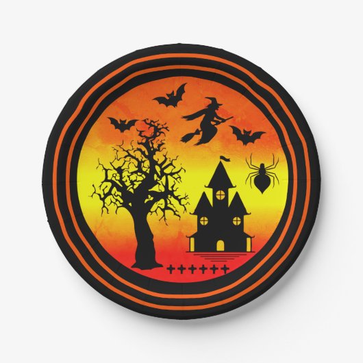 Halloween Oranje Sunset Witch Haunted House Party Papieren Bordje (Voorkant)
