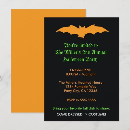 Halloween Oranje vleermuis op Black Party Invitati Kaart (Voorkant / Achterkant)
