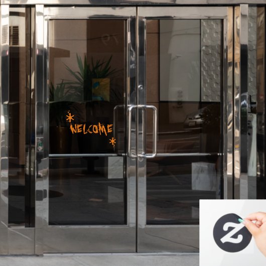 Halloween oranje welkom aangepaste tekst eng raamsticker (Kantoordeur)