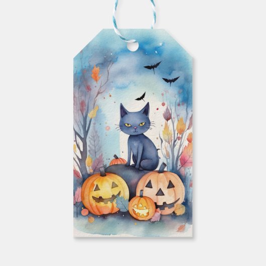 Halloween Oriental Blue Cat met pompoenen eng Cadeaulabel (Achterkant)