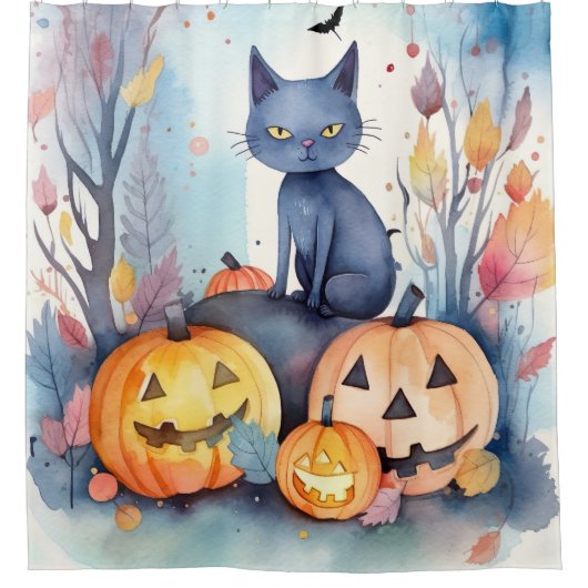 Halloween Oriental Blue Cat met pompoenen eng Douchegordijn (Voorkant)
