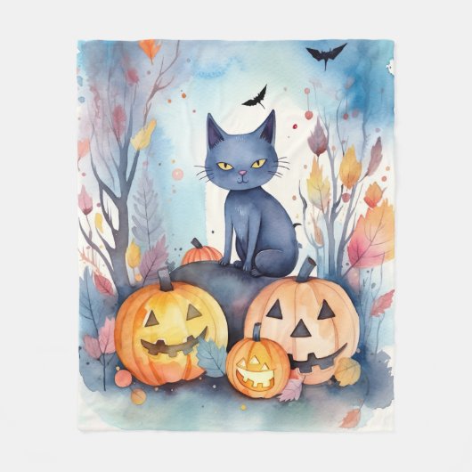 Halloween Oriental Blue Cat met pompoenen eng Fleece Deken (Voorkant)