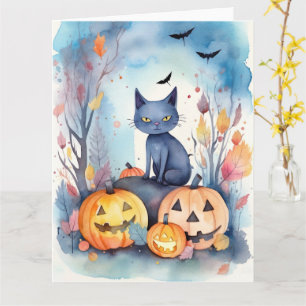 Halloween Oriental Blue Cat met pompoenen eng Kaart