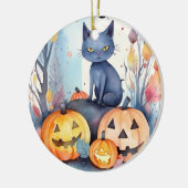 Halloween Oriental Blue Cat met pompoenen eng Keramisch Ornament (Links)