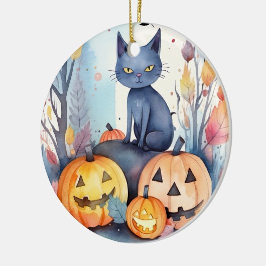 Halloween Oriental Blue Cat met pompoenen eng Keramisch Ornament (Links)