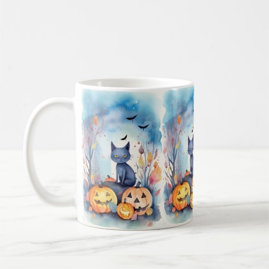 Halloween Oriental Blue Cat met pompoenen eng Koffiemok (Links)