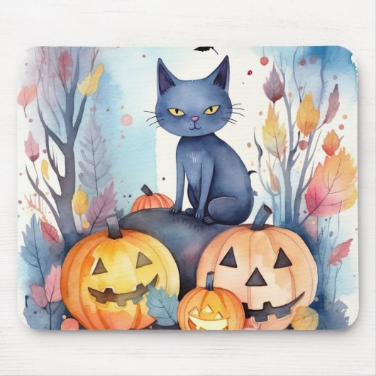 Halloween Oriental Blue Cat met pompoenen eng Muismat (Voorkant)
