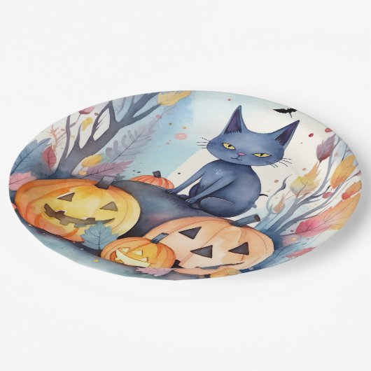 Halloween Oriental Blue Cat met pompoenen eng Papieren Bordje (Gekanteld)