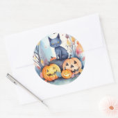 Halloween Oriental Blue Cat met pompoenen eng Ronde Sticker (Envelop)