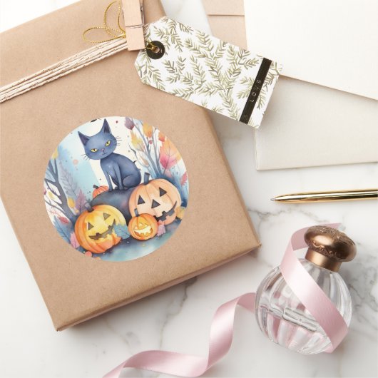 Halloween Oriental Blue Cat met pompoenen eng Ronde Sticker (Geschenken)