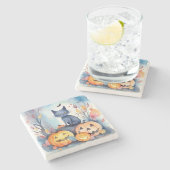 Halloween Oriental Blue Cat met pompoenen eng Stenen Onderzetter (Zijkant)