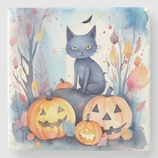 Halloween Oriental Blue Cat met pompoenen eng Stenen Onderzetter (Voorkant)
