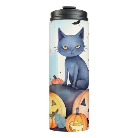Halloween Oriental Blue Cat met pompoenen eng Thermosbeker (Voorkant)