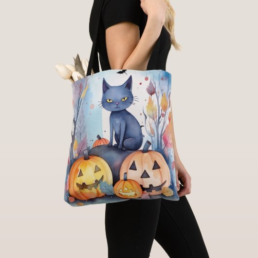 Halloween Oriental Blue Cat met pompoenen eng Tote Bag (Dichtbij)