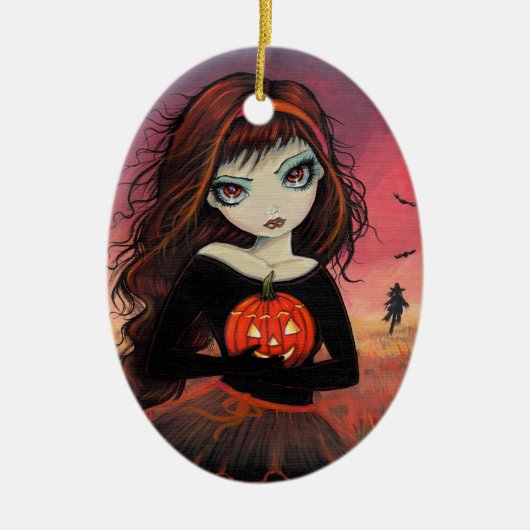 Halloween Ornament Big Eye Girl met pompoen (Voorkant)