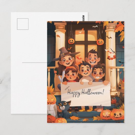 Halloween Ouders met drie Kinderen Briefkaart (Voorkant / Achterkant)
