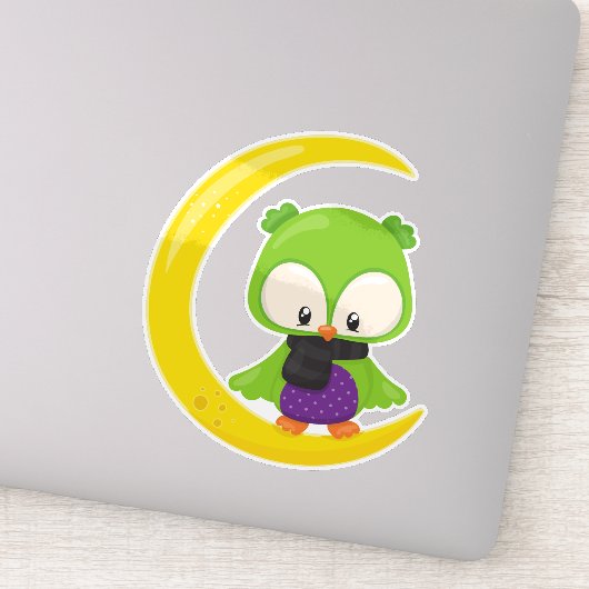 Halloween Owl, Cute Owl, Green Owl, Moon, Scarf Sticker (Detail)