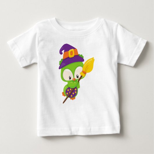 Halloween Owl, Cute Owl, Green Owl, Witch Broom (Voorkant)