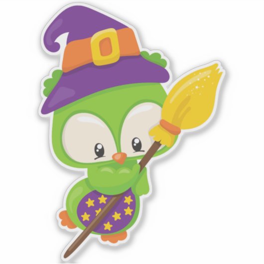 Halloween Owl, Cute Owl, Green Owl, Witch Broom Sticker (Voorkant)