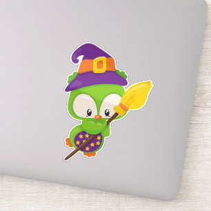 Halloween Owl, Cute Owl, Green Owl, Witch Broom Sticker