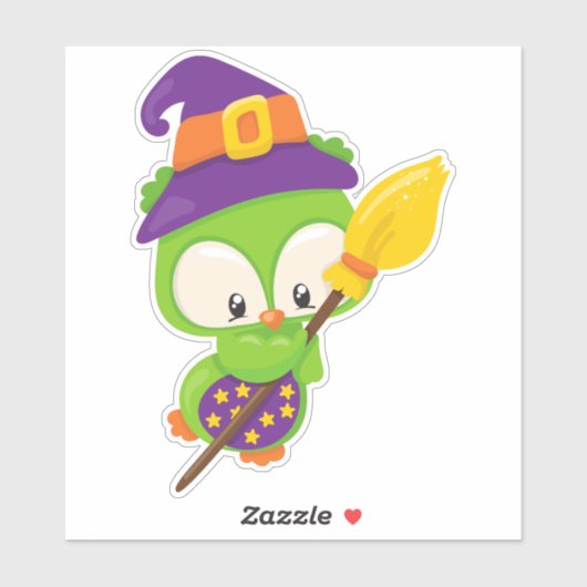 Halloween Owl, Cute Owl, Green Owl, Witch Broom Sticker (Vel)