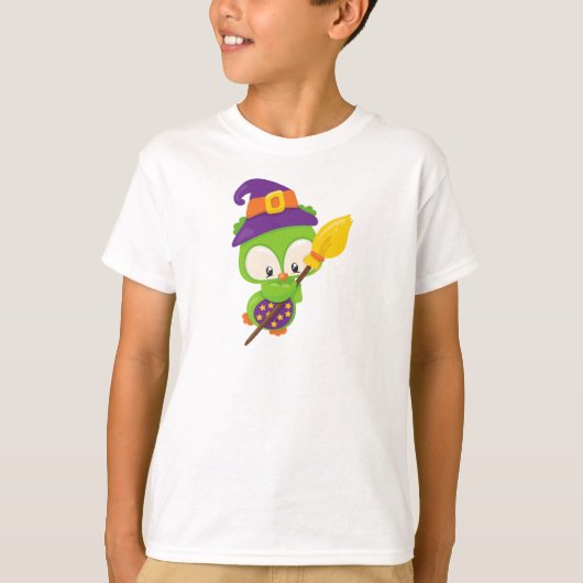 Halloween Owl, Cute Owl, Green Owl, Witch Broom T-shirt (Voorkant)