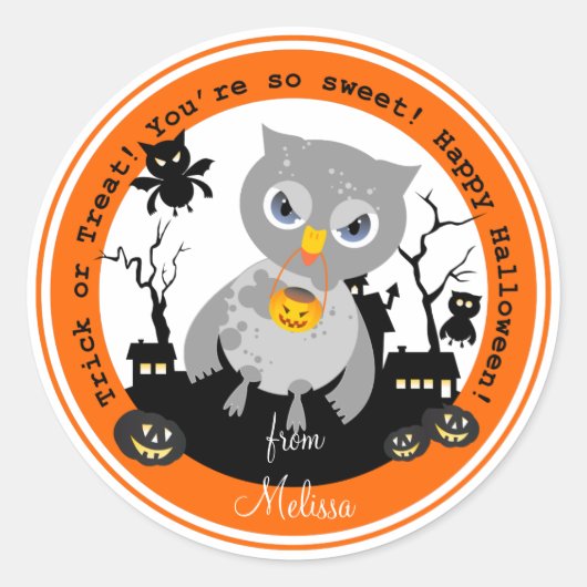 Halloween owl gaat een truc uit of behandelt ronde sticker (Voorkant)