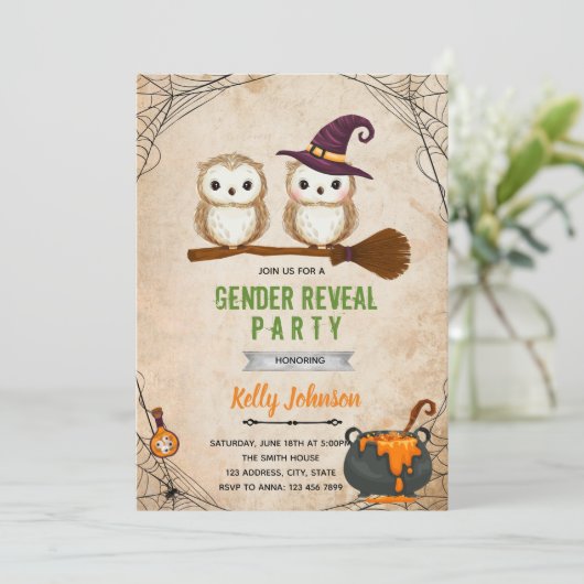 Halloween owl gender onthullen uitnodiging (Staand voorkant)
