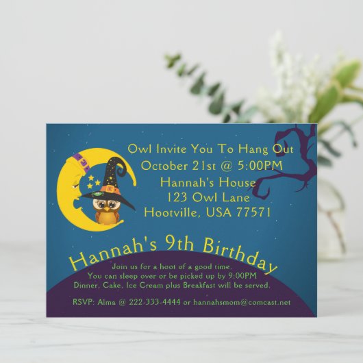 Halloween Owl Moon Slumber Party Uitnodiging (Staand voorkant)