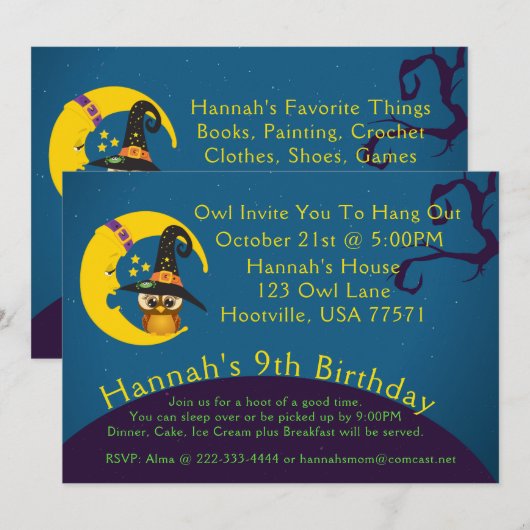 Halloween Owl Moon Slumber Party Uitnodiging (Voorkant / Achterkant)
