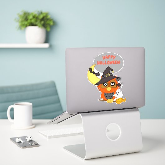 Halloween Owl op Broom Sticker (Laptop op bureau)