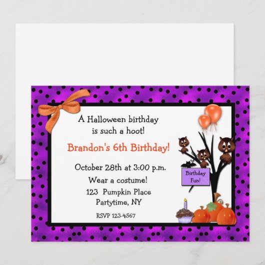 Halloween Owls Birthday Invitation Kaart (Voorkant / Achterkant)