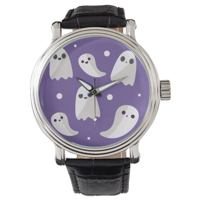 Halloween Paars Cute Ghost Patroon Horloge (Voorkant)