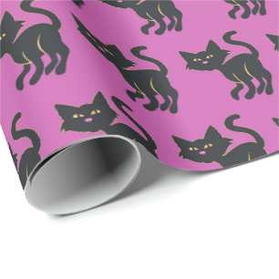 Halloween Paars en Mooie Zwarte Kat Patroon Cadeaupapier