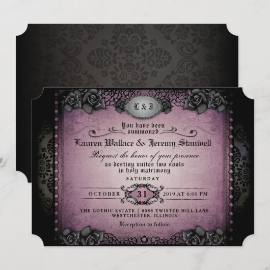 Halloween Paarse Black Rozen Gothic Wedding Invite Kaart (Voorkant / Achterkant)
