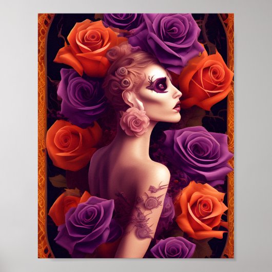 Halloween Paarse en Oranje Rozen Beauty Poster (Voorkant)