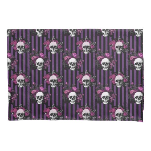 Halloween Paarse en zwarte bloemige gestreepte sch Kussensloop (Voorkant)